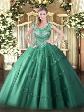 Dark Green Scoop Neckline Beading and Appliques Sweet 16 Dress Sleeveless Lace Up