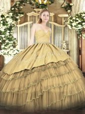 Sweetheart Sleeveless Zipper Quinceanera Dresses Gold Organza and Taffeta