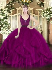 Sleeveless Zipper Floor Length Beading and Ruffles 15th Birthday Dress