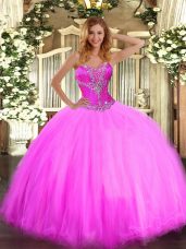 Elegant Sweetheart Sleeveless Quinceanera Gown Floor Length Beading Fuchsia Tulle