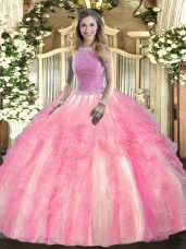 Tulle Sleeveless Floor Length 15th Birthday Dress and Beading and Ruffles