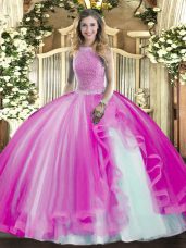 Luxurious Fuchsia Lace Up Quinceanera Dress Beading and Ruffles Sleeveless Floor Length