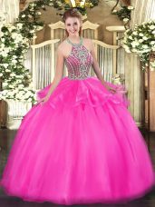 Suitable Hot Pink Lace Up Halter Top Beading and Ruffles 15 Quinceanera Dress Tulle Sleeveless