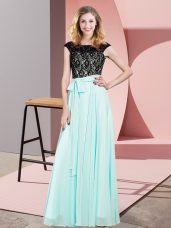 Aqua Blue Empire Lace Custom Made Lace Up Chiffon Sleeveless Floor Length