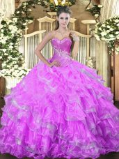 Lilac Ball Gowns Organza Sweetheart Sleeveless Beading and Ruffled Layers Floor Length Lace Up Quinceanera Dresses