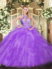Superior Ball Gowns Quinceanera Gown Lavender Halter Top Organza Sleeveless Floor Length Lace Up