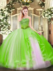 Best Selling Ball Gowns Strapless Sleeveless Tulle Floor Length Lace Up Beading and Ruffles Quinceanera Gown