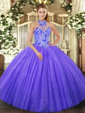 Purple Lace Up Halter Top Beading and Embroidery Quinceanera Gown Tulle Sleeveless