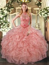 Super Beading and Embroidery and Ruffles Ball Gown Prom Dress Peach Lace Up Sleeveless Floor Length