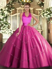 Super Hot Pink Sleeveless Appliques Floor Length Quince Ball Gowns