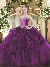 Great Purple Ball Gowns Beading and Ruffles 15 Quinceanera Dress Lace Up Organza Sleeveless Floor Length