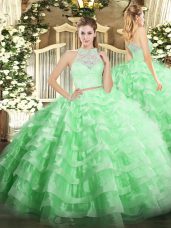 Glorious Scoop Sleeveless Quinceanera Gown Floor Length Lace and Ruffled Layers Apple Green Tulle