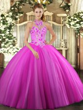 Glorious Halter Top Sleeveless Quinceanera Dresses Floor Length Embroidery Fuchsia Tulle