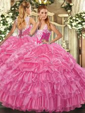 Rose Pink Organza Lace Up 15th Birthday Dress Sleeveless Floor Length Beading and Ruffled Layers and Pick Ups