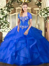 Custom Fit Blue Lace Up Sweet 16 Dresses Beading and Ruffles Sleeveless Floor Length