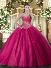 Fuchsia Sleeveless Tulle Lace Up Sweet 16 Dress for Military Ball and Sweet 16 and Quinceanera