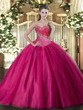 Fuchsia Sleeveless Tulle Lace Up Sweet 16 Dress for Military Ball and Sweet 16 and Quinceanera