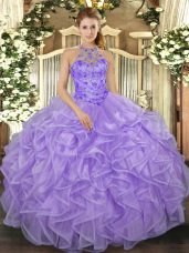 Floor Length Lace Up 15 Quinceanera Dress Lavender for Military Ball and Sweet 16 and Quinceanera with Beading and Ruffles