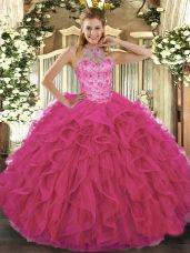 Hot Pink Sleeveless Organza Lace Up Quince Ball Gowns for Military Ball and Sweet 16 and Quinceanera