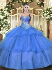 Great Blue Tulle Lace Up Quinceanera Gown Sleeveless Floor Length Beading and Ruffled Layers