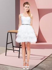 Superior White Sleeveless Mini Length Beading and Ruffled Layers Lace Up Prom Dress