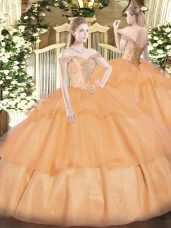 Fantastic Orange Ball Gowns Beading and Ruffled Layers Quinceanera Gown Lace Up Organza Sleeveless Floor Length