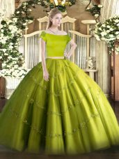 Olive Green Short Sleeves Floor Length Appliques Zipper Sweet 16 Quinceanera Dress