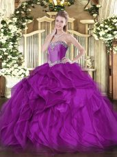 Sleeveless Organza Floor Length Lace Up Quinceanera Dress in Purple with Beading and Ruffles