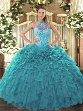 Floor Length Teal Quinceanera Dress Organza Sleeveless Beading and Embroidery and Ruffles