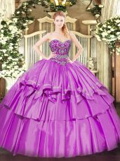 Fantastic Beading and Ruffled Layers 15th Birthday Dress Lilac Lace Up Sleeveless Floor Length