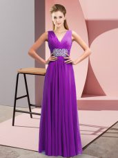 Great Purple Sleeveless Beading and Ruching Floor Length Juniors Party Dress