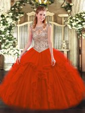Ideal Ball Gowns Sweet 16 Quinceanera Dress Red Scoop Tulle Sleeveless Floor Length Lace Up