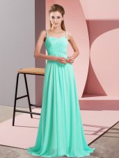 Fantastic Turquoise Backless Homecoming Dress Ruching Sleeveless Sweep Train
