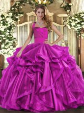 Sophisticated Fuchsia Organza Lace Up 15 Quinceanera Dress Sleeveless Floor Length Ruffles