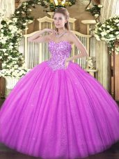Modern Lilac Tulle Lace Up Sweetheart Sleeveless Floor Length Sweet 16 Quinceanera Dress Appliques