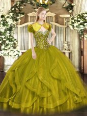 Suitable Beading and Ruffles Vestidos de Quinceanera Olive Green Lace Up Sleeveless Floor Length