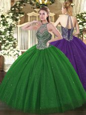 On Sale Green Tulle Lace Up Halter Top Sleeveless Floor Length Quince Ball Gowns Beading