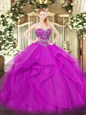 Affordable Floor Length Fuchsia Quinceanera Gowns Sweetheart Sleeveless Lace Up