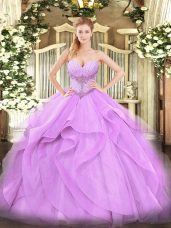 Fancy Floor Length Lavender Quinceanera Gowns Tulle Sleeveless Beading and Ruffles