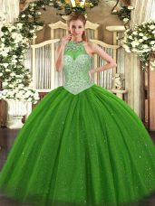 Sleeveless Floor Length Beading Lace Up Sweet 16 Dress with Green