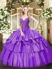 Free and Easy Lavender Sleeveless Floor Length Beading and Ruffled Layers Lace Up Quince Ball Gowns