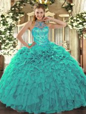 Spectacular Turquoise Sleeveless Floor Length Beading and Embroidery and Ruffles Lace Up Quinceanera Dress