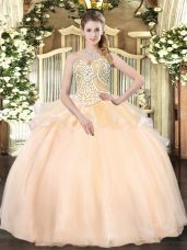 Beading Quince Ball Gowns Champagne Lace Up Sleeveless Floor Length