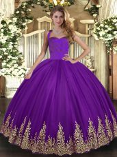 Free and Easy Floor Length Lace Up Ball Gown Prom Dress Purple for Military Ball and Sweet 16 and Quinceanera with Appliques