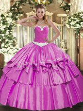 Stunning Sweetheart Sleeveless Sweet 16 Dress Floor Length Appliques and Ruffled Layers Lilac Organza and Taffeta