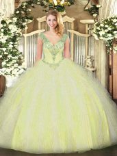 Adorable Yellow Green Sleeveless Beading and Ruffles Floor Length Quince Ball Gowns