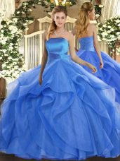 Blue Ball Gowns Strapless Sleeveless Tulle Floor Length Lace Up Ruffles Quinceanera Gowns