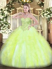 Fashion Sleeveless Floor Length Appliques and Ruffles Lace Up Quinceanera Dress with Yellow Green