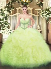 Eye-catching Yellow Green Lace Up Ball Gown Prom Dress Beading and Ruffles and Pick Ups Sleeveless Floor Length