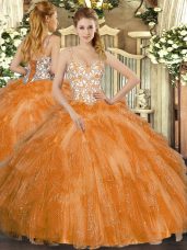 Stunning Orange Sleeveless Beading and Ruffles Floor Length Quince Ball Gowns